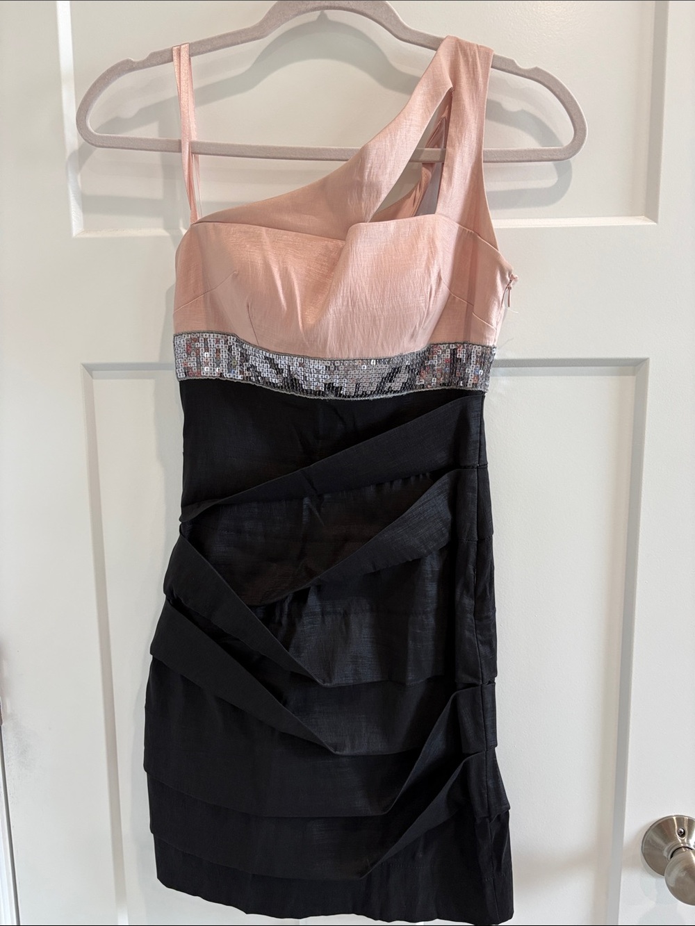 Adrianna Papell Pink and Black One-Shoulder Sequin Band Dress